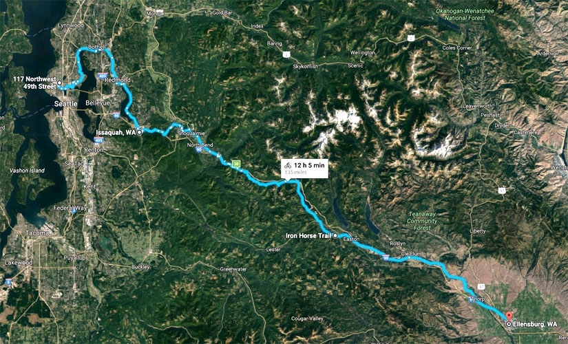 A Google map of our route - the first few days on the road. Seattle to Ellensburg, Washington.